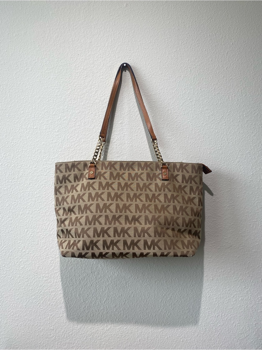 Michael Kors Beige Tan MK Logo Chain-Trim Tote
